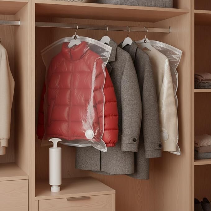 Hanging Vacuum Storage Bag with Hand Pump for Coats & Jackets, Space Saver for Closet Organization