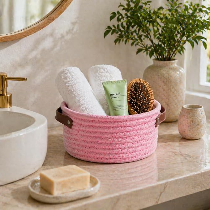 Small Woven Cotton Rope Basket with Leather Handle, Pink | Mini Round Storage Basket, Empty Gift Basket, Nursery Toy Organizer, Decorative Shelf Bin, Boho Room Decor
