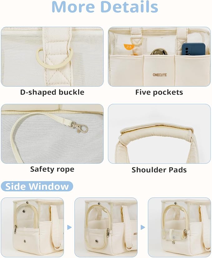 ONECUTE Dog Purse Carrier for Small Dogs Rabbit cat with Large Pockets, Cotton Bag, Dog Carrier Soft Sided, Collapsible Travel Puppy Carrier (Beige Breathable, 13.6" L x 6.5" W x 10.0" H)