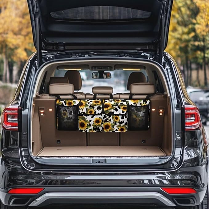 Dreaweet Sunflower Cow Print Trunk Organizer for Car Women Collapsible Car Trunk Backseat Organizer Large SUV Hanging Storage Bag with Pockets Cute Car Storage Accessories Interior