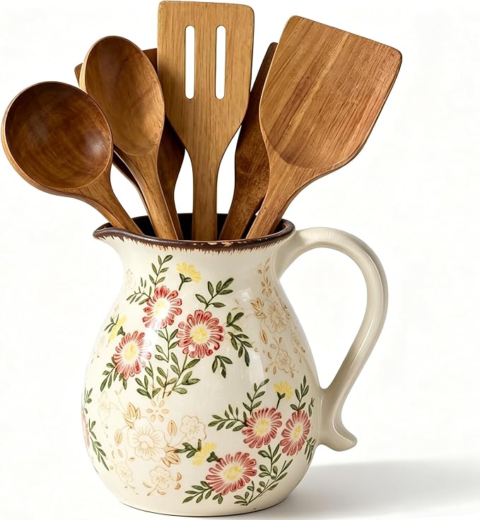 Farmhouse Ceramic Utensil Holder,6.1"Kitchen Counter Utensil Holder | Ceramic Utensil Organizer with Handle for Kitchen Countertop, Vintage Rustic Crock for Home Decor, Flower Pot, Spoon Tools