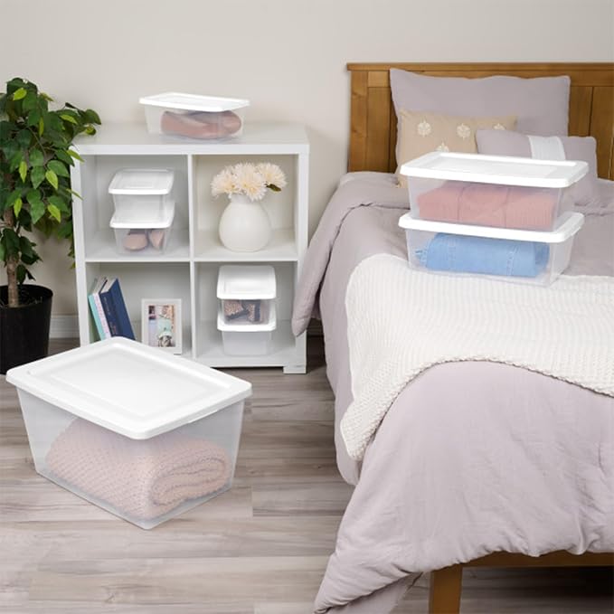 Sterilite Clear Storage Box Stackable Tote, 58 Quart, 12-Pack | Clear Plastic Container with Secure Snapping Lids for Home and Office Organization, White