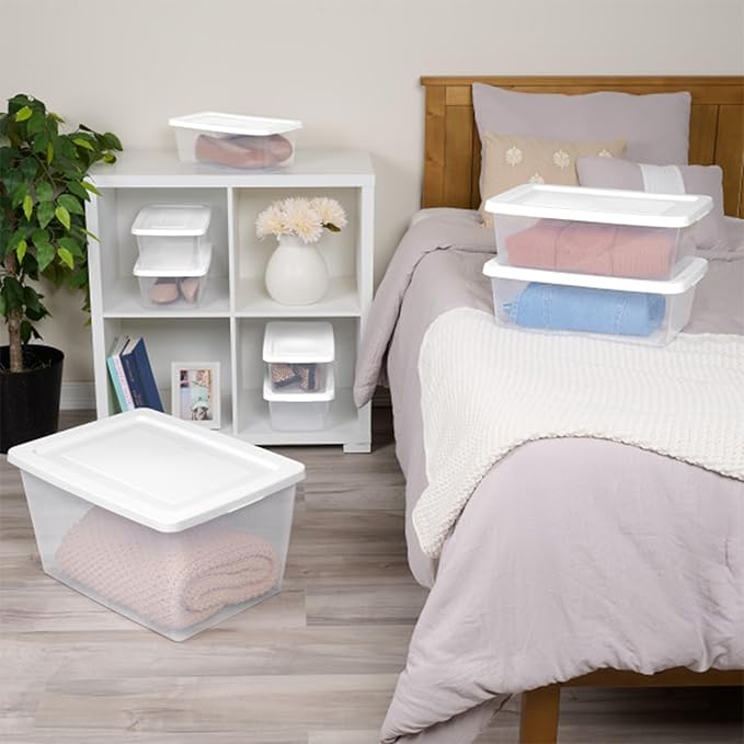 Sterilite Clear Storage Box Stackable Tote, 58 Quart, 6-Pack | Clear Plastic Container with Secure Snapping Lids for Home and Office Organization, White