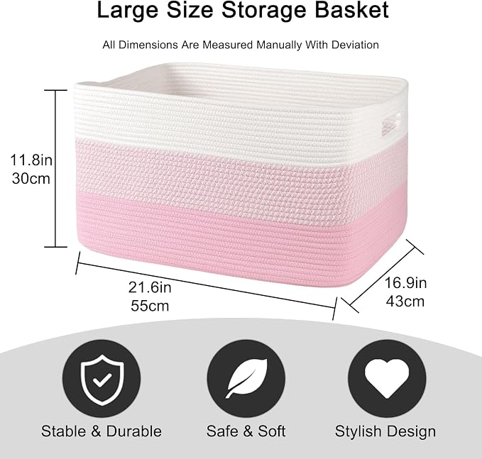 OIAHOMY Blanket Basket Laundry Basket Dog Toy Basket 75L Pink/White | Large Storage Basket,Baby Basket,Toy Storage,Woven Rope Basket for Blankets,Blanket Storage for Living Room