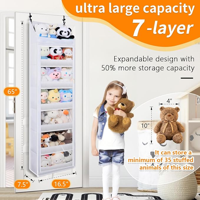 Over the door stuffed animal storage, dust-proof door organizer hanging,【holds up to 70 lbs】Ideal for organizing on doors, such as yarn storage, plush toys, diapers, and other small to medium items.