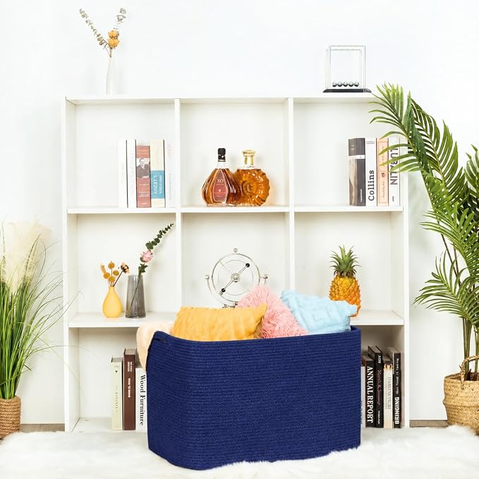 112L Extra Large Blanket Basket Holder Living Room, 25"x17"x16" Rectangle Rope Woven Storage Basket with Handles for Laundry, Towels, Shoes, Dog Toy Organizer Bin Box, Full Navy