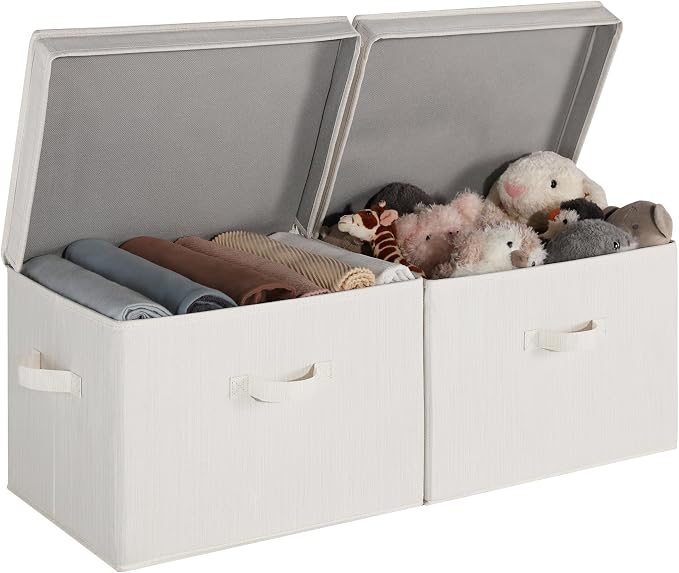 StorageWorks Fabric Storage Bins with Lids, Closet Storage Bins | Flip-Top Lid, 3 Handles, Collapsible, Stackable, for Clothes Blankets, Multi-Purpose, Jumbo, White & Ivory, 2-Pack