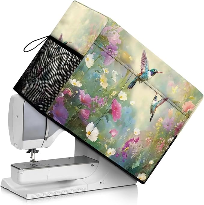 Spring Hummingbird Sewing Machine Cover with Storage Pocket,Enhance Your Sewing Experience with Artistic Flair, Duty, Dust & Pet Hair Protection, Fits Brother, Singer, Janome