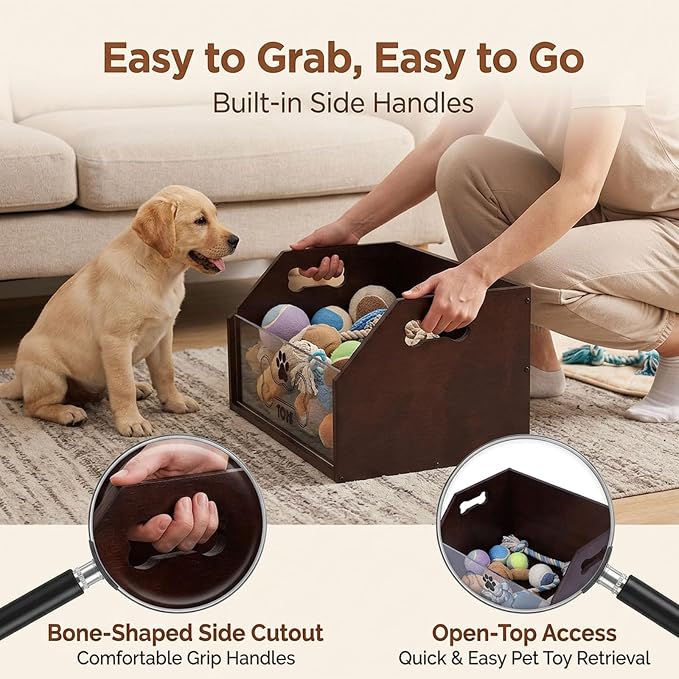 Pethiy Dog Toy Box,Wooden Pet Toy Storage Box, Pet Toy Organizer Basket | Toy bin for dogs large Dog Toy organizer pet toy storage for Collars and Pet Supplies,Living Room