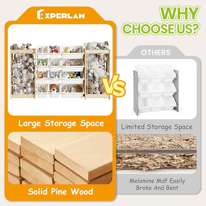 EXPERLAM Large Toy Storage Organizer, Wooden Stuffed Animal Storage & 12-Bins Toy Organizer, Double-Sided Plush Toy Holder Featuring Thicker Ropes, Space Save Playroom Nursery Bedroom Storage, White