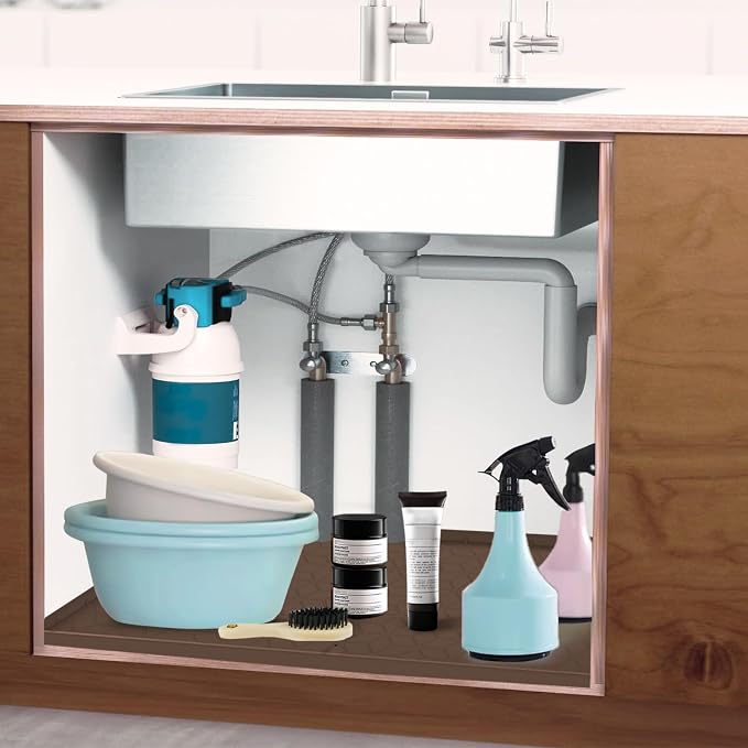 Under Sink Mat for Kitchen, Silicone Waterproof Liner with Drain Hole, Flexible Cabinet Organizer Tray, Holds Up to 3.3 Gallons, Easy to Clean (Brown, 34x22)