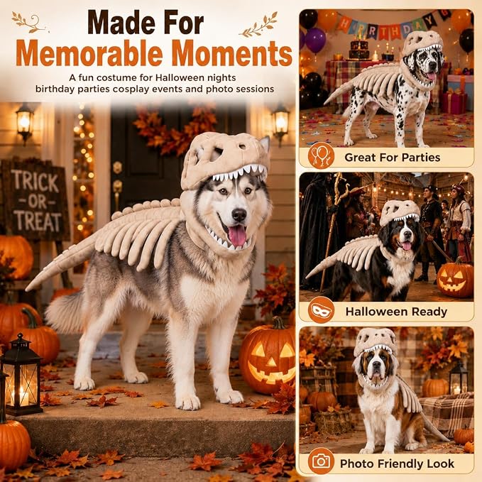 Pet Dinosaur Costume Spinosaurus Skeleton Skull Mask Plush Spine Large Dogs | Soft Lightweight Headpiece with Raised Back Ridge and Tail Suited to Halloween Cosplay Parties Photos Birthdays Large Breeds