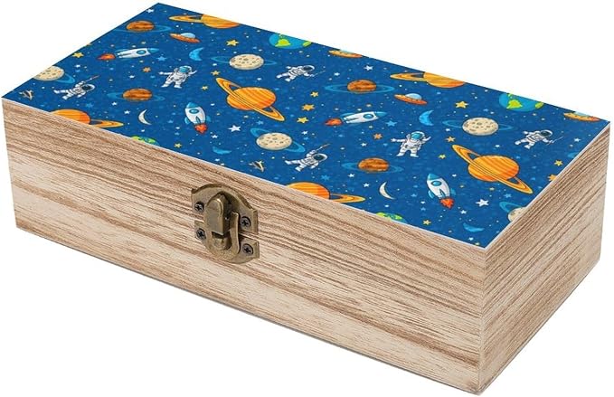 Wooden Keepsake Box for Letter Photo Gift Boxes with Hinged Lid, Space Cute | Astronaut Planets Blue Jewellery Organizer, Small Memory Storage Boxes, Holiday Party Favor Decor, 9.2x5.5x3.9 Inch