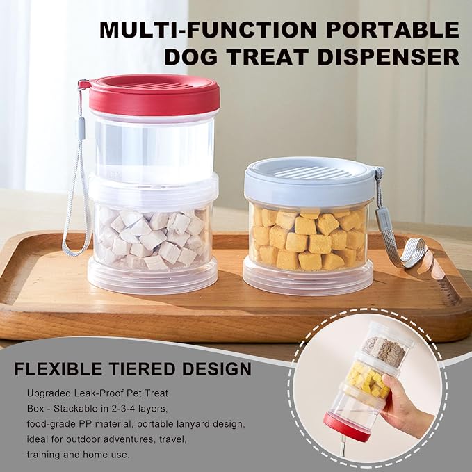2025 Upgraded Airtight Dog Treat Container, Leak-Proof Stackable Pet Food Jar 2/3/4 Layers, Portable with Lanyard for Outdoor, Travel, Training & Home, Food-Grade PP (Red)