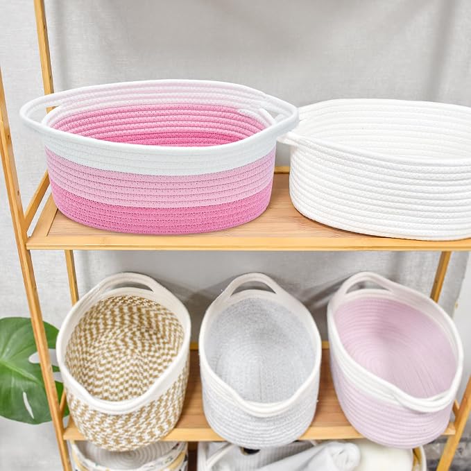ABenkle Small Basket with Handles, Boho Decorative Rope Woven Dog Cat Toy Storage Bin Shelf Storage Organizer, Easter Christmas Gift Basket, 12"x8"x5"