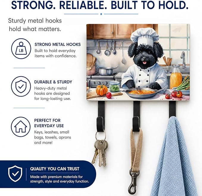 Caroline's Treasures Puli The Chef Leash or Key Holder Wall Hooks, Key Hooks Holder, Coat Rack Wall Mount, Coat Hooks, Hooks for Hanging Keys, Towels, Aprons, Leashes | Puli The Chef artwork on ceramic tile with three steel hooks for keys, leashes, towels