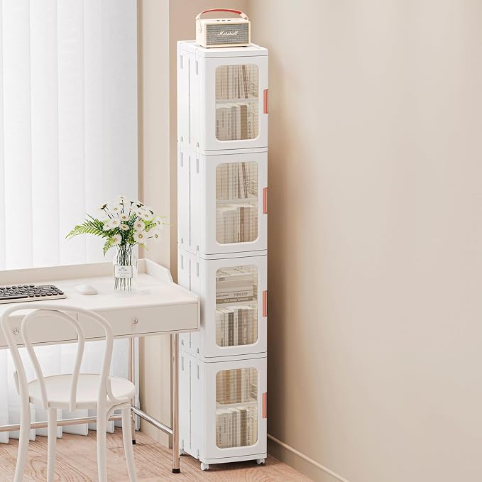 Narrow Storage Cabinet with Doors and Shelves Tall Skinny Bathroom Storage Kitchen Cabinet with Adjustable Shelf Cabinet Organizer Toilet Paper Storage Linen Closet 4 Layer (White)