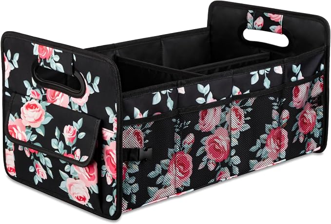 Car Trunk Organizer, Collapsible Car Organizers and Storage Black Floral | Sturdy, Large Capacity, Clean Decor, Multi Compartment Container Box, Adjustable Car Accessories for SUV Sedan Truck
