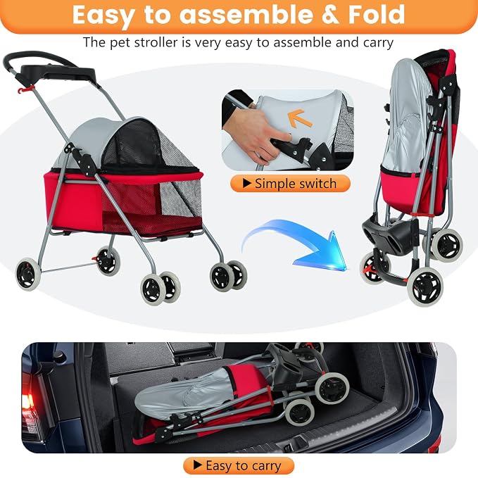 BestPet Foldable Pet Stroller for Small/Medium Dogs and Cats Up to 33 lbs | 4-Wheel Stroller Pet Strolling Cart w/ Breathable Mesh, Lockable Rear Wheels, Cup Holder/Tray & Storage Box, Red