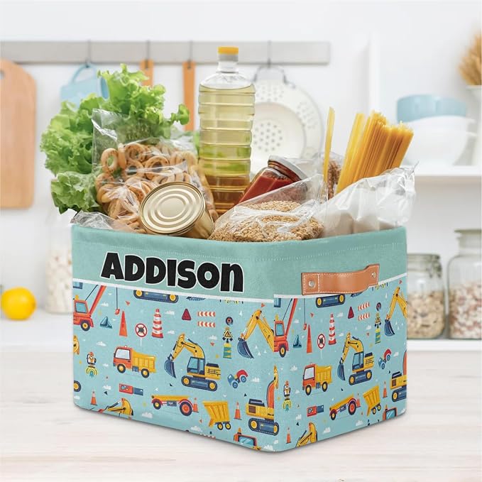 Custom Storage Basket, Personalized Name Rectangle Organizer Bin for Pet/Children Toys, Books, Clothes, Perfect for Rooms/Playroom, Cartoon Construction Site Cranes Excavator