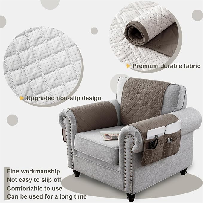 Recliner Armrest Cover with Headrest, Chair Armrest Slipcover with Side Pockets, Water-Resistant, Non Slip Furniture Protector for Pets (Gray Brown,1 Seater 3PCS)
