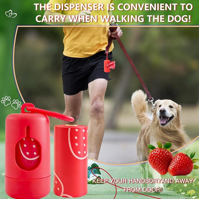 Strawberry Scented Dog Poop Bags - 8 Rolls 120 counts Leak Proof | Extra Large 13x9 Inch Red Dog poop bags rolls with Dispensers, Fragrance Bags for Dogs Walking and Cat Litter