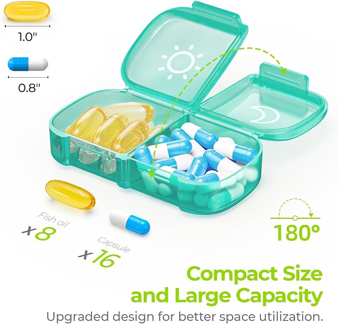 AUVON Weekly Pill Organizer 2 Times a Day, One-Sided Opening, Easy to Use | AM PM Pill Case, XL Pill Box 7 Day, Travel Medication Organizer for Medication, Vitamins, Fish Oils, Supplements, Cyan