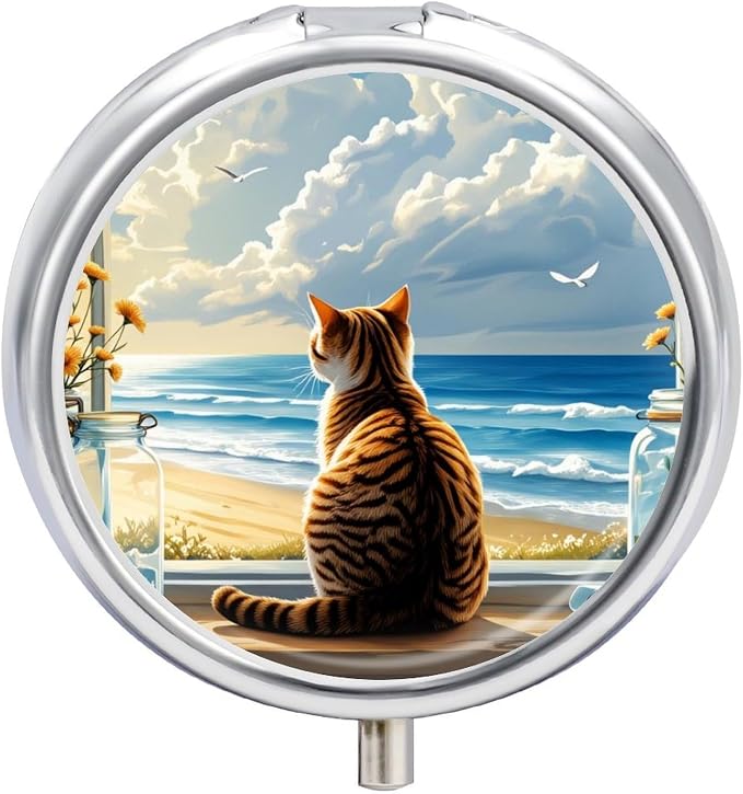 Cat On Windowsill Metal Round Pill Box, 3 Compartment Travel Organizer, Portable Pill Container with Secure Latch, 2 Inch Circular Vitamin Caddy for Pills and Vitamins, Gift for Him Her Elderly