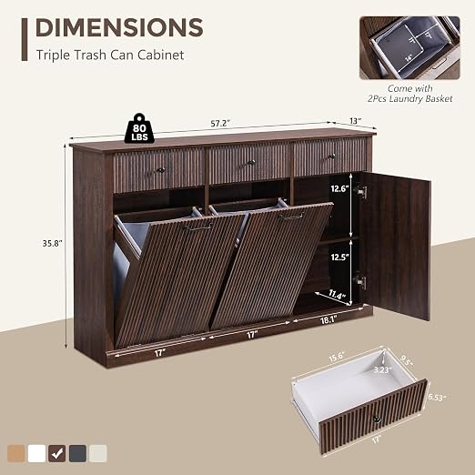 IFGET Triple Tilt Out Trash Can Cabinet, Modern Fluted Laundry Hamper Cabinet with 3 Drawers, 20 Gallon Hidden Wooden Garbage Can Cabinet w/Storage Basket & Adjustable Shelf, for Kitchen, Brown