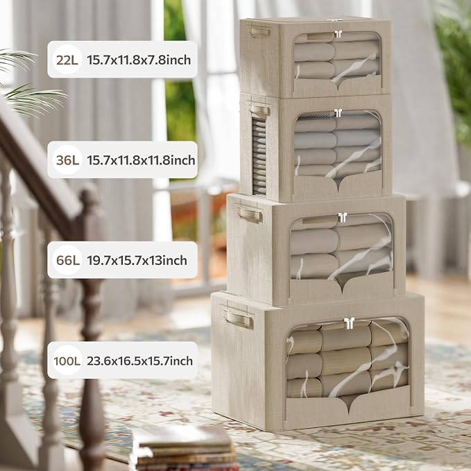 FHSQX 3 Pack Clothes Storage Bins Foldable Metal Frame Storage Box Extra Large Stackable Linen Fabric Organizer Set with Carrying Handles and Clear Window (Beige, 23.6x16.5x15.7inch(100L))
