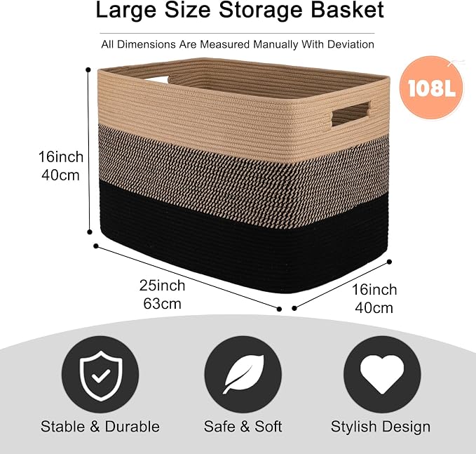 OIAHOMY 108L Extra Large Blanket Basket Dog Toy Basket Yellow and Black | Rectangle Woven Baskets for Storage Cotton Rope Basket For Living Room Toy Storage Blanket Storage Laundry Basket