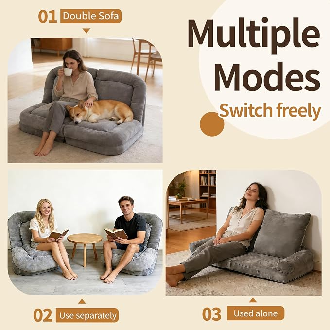 Convertible Fold-Out Lazy Sofa Bed - Adjustable Human Dog Bed for Adults, Plush Upholstered Adjustable Sofa Couch with 18-Position Backrest, 2-Person Floor Sofa Bed, Space Saving Design (Double)