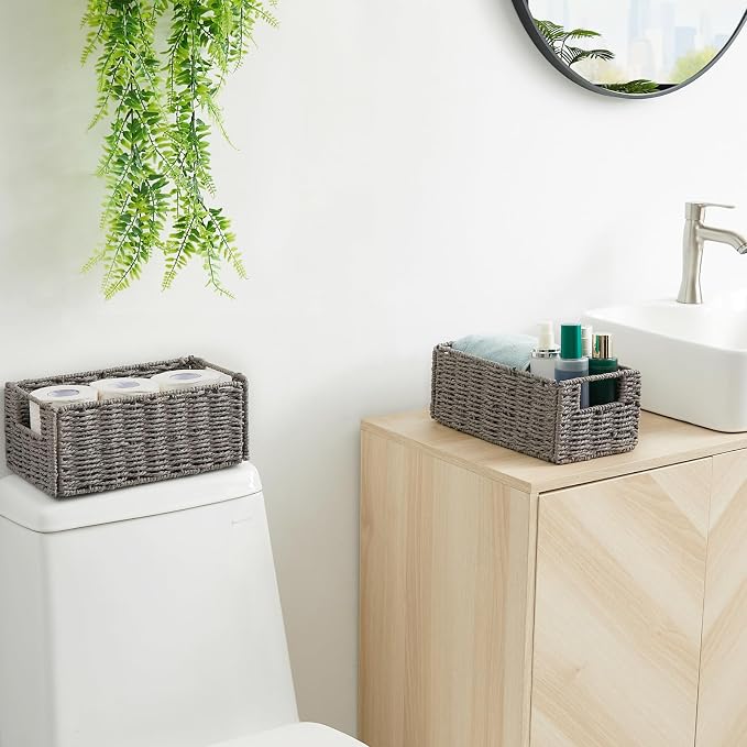 Vagusicc Wicker Storage Basket, Set of 2 Hand-Woven Paper Rope Wicker Basket, Small Storage Baskets for Organizing Toilet Paper, Foldable Large Cube Storage Organizer Bins for Shelves (Grey)