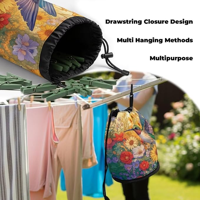 Hummingbird Floral Laundry Peg Bag with Drawstring, Clothespin Organizer Pouch with Hanging Loop, Portable Storage for Clips, Perfect for Drying Rack, Camping, Dorm Room