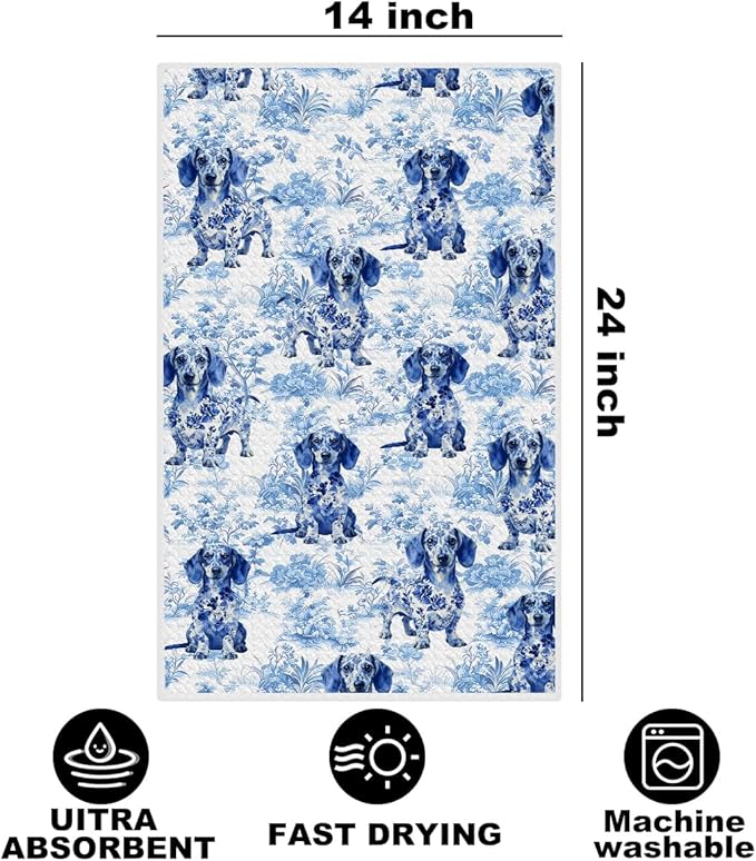 Hanamiya Na Chinoiserie Dachshund Kitchen Towels 24x14 Inch, Dachshund Gifts Reusable Dish Towels for Kitchen Decor, Blue and White Floral Waffle Weave Hand Towel, Weiner Dog Gifts for Women Mom