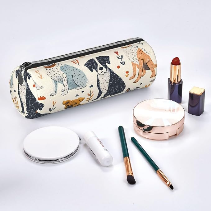 OSAM SPACE Leather Pencil Case Round Pencil Bag Cute Dogs Plant Pen Organizer Holder Portable Zipper Pouch Cute School Supplies for Girls Boys Study Office