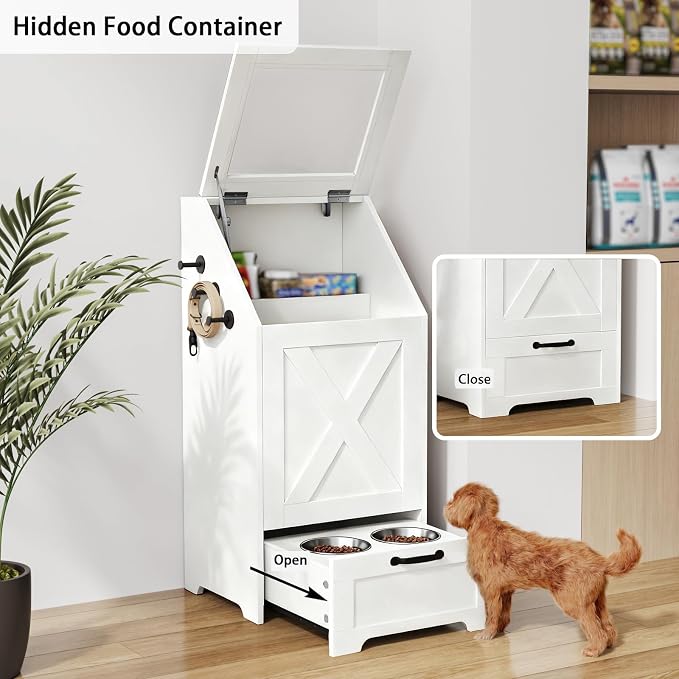 Dog Feeding Station with Storage Cabinet & 2 Elevated Bowls,White | All-in-one Pet Feeding Station: Sealed Food Bin + 2 Pull-out Elevated Bowls + Shelf + Side Hooks. Moisture-Proof.