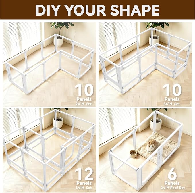 FlexiSpace Adjustable Clear Dog Play Pen, Expandable & Stackable Acrylic Dog Playpen, ONLY Dog Play Pen Indoors Grow with Your Pet Puppy Playpen (White, 34", 12 Panels)