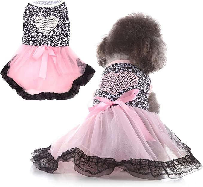 Dog Costume Dress L, Black Floral Top with Pink Tulle Skirt and Bow, Glitter Heart Pet Outfit for 11-13 lbs Dogs and Cats, Romantic Holiday Clothing