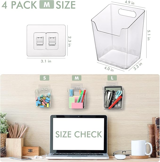 Clear Adhesive Wall Storage Bins 4-Pack Cabinet Door Organizer Cups(Medium) | Clear PET Hanging Wall Mount Pockets, Plastic Caddy for Shower Bathroom Makeup Office Craft Kitchen Sink RV Organization