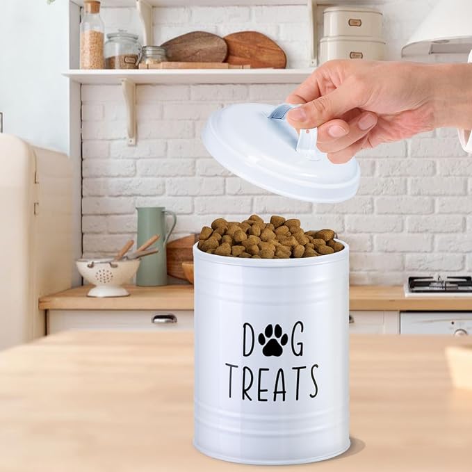 Dog Treat Container Airtight, 9.1''Hx5.5''W, 10 Cup Capacity (White) | Airtight Lid Keep Food Fresh,Large Capacity Dog Treat Jar Suitable All Popular Treats,Dent-Resistant Durable Metal Cookie Jar