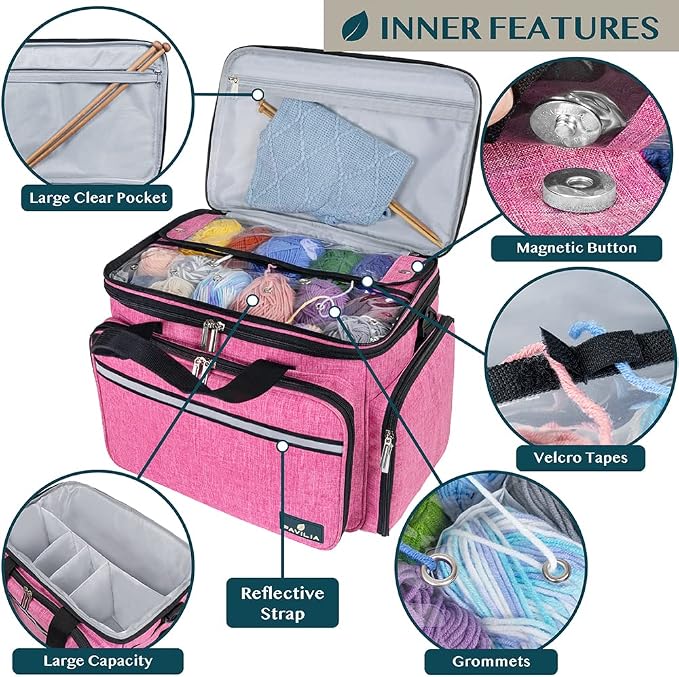 PAVILIA Knitting Bag Yarn Storage Tote - Large Crochet Organizer, Holder for Knitter Projects, Accessories Set, Gifts for Crochet Lovers - Heather Pink