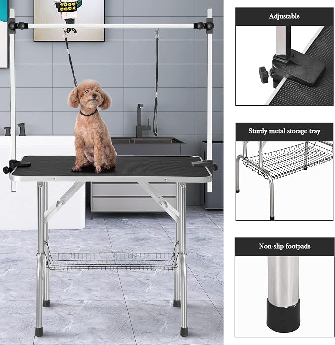 SoarFlash Pet Dog Grooming Table Foldable,Heavy Duty Foldable Pet Grooming Table with Arm & Noose & Mesh Tray, Maximum Capacity Up to 330lbs, 36inch, Black