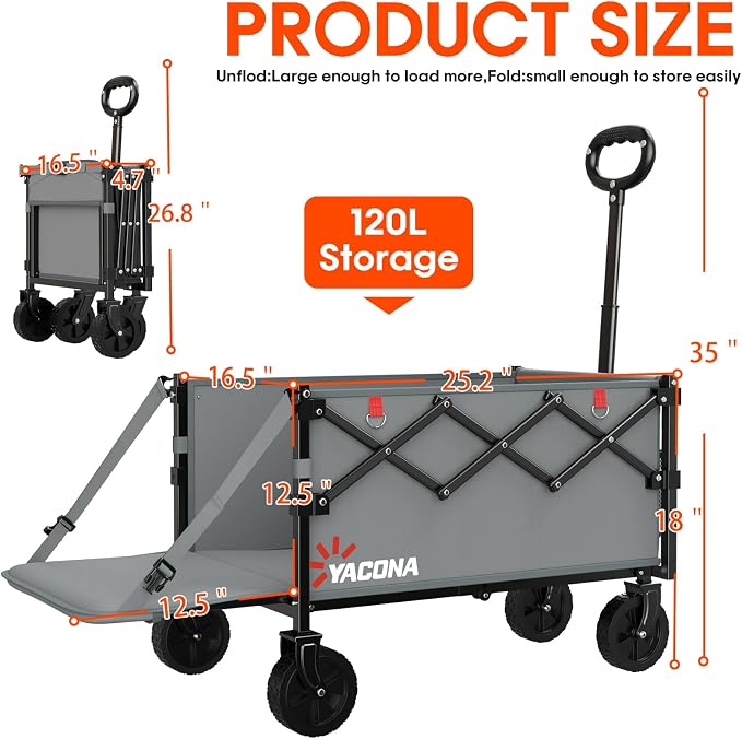 Yozoia Wagons Carts Foldable, 120L Collapsible Wagon Cart with Wheels,Grey | Foldable, Lightweight, Portable, Simple Installation, for Camping Shopping Beach Garden Sports
