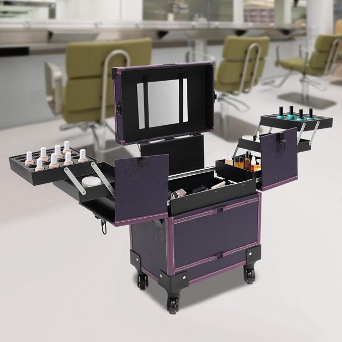 Rolling Makeup Train Case, Aluminum Cosmetic Trolley Organizer with Sliding Drawers, Barber Case with Key Swivel Wheels, Travel Cosmetic Organizer for Hair Stylists,Pet Groomers,Makeup Artists, Purple