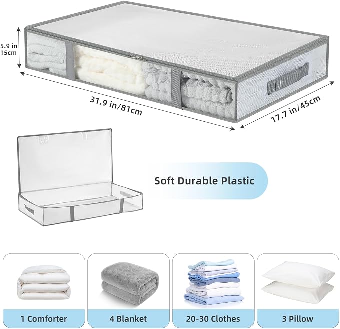 3 Pack Under Bed Storage Bags, Humid-proof Material Plastic Underbed Storage Containers, Blanket/Clothes Storage Bins with Lid, Closet/Bedding Comforter/Sheet Storage and Organizer