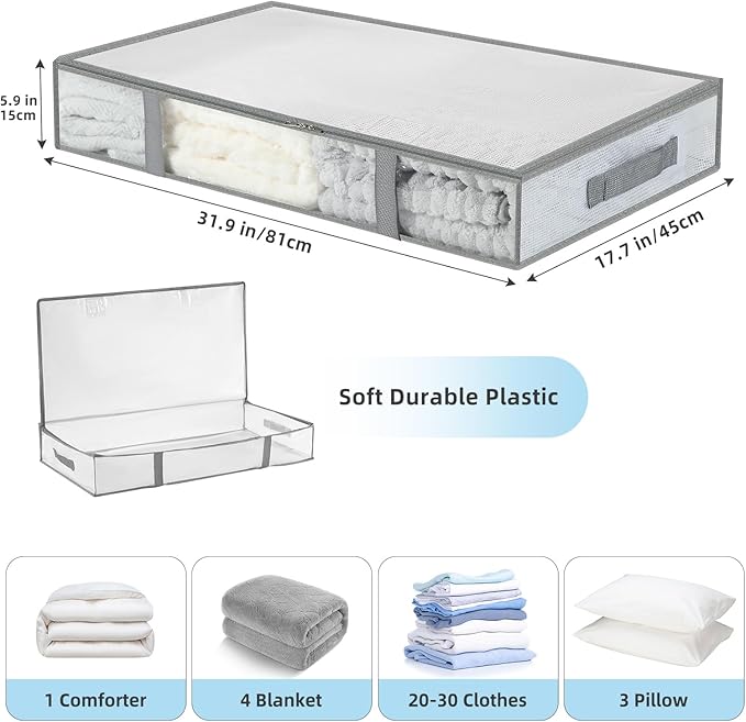 6 Pack Under Bed Storage Containers, Waterproof Material Plastic Underbed Storage Bins, Blanket/Clothes Storage Bags with Lid, Bedding Comforter/Sheet/Closet Organizer and Storage