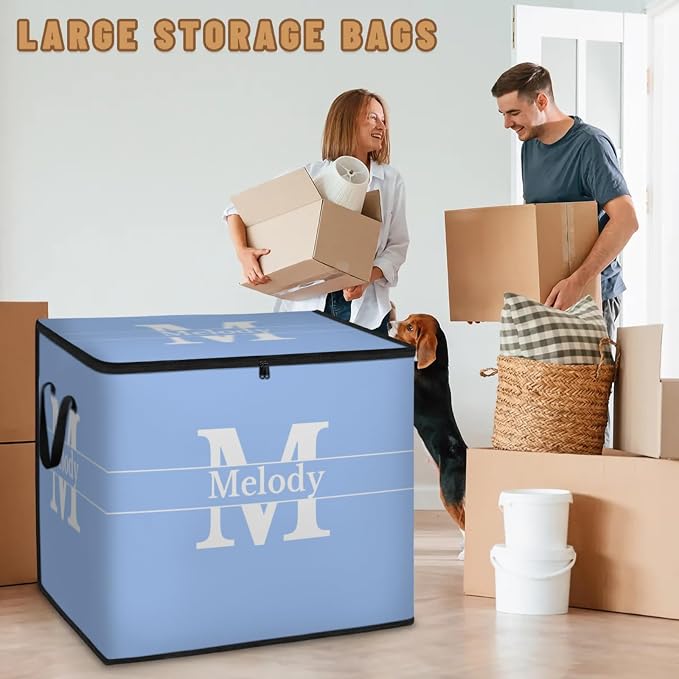 Custom Comforters Storage Basket with Lid, Personalized Name Large Organizer Bin for Pet/Children Toys, Books, Clothes, Perfect for Rooms/Playroom, Sky Blue with Initial Letter