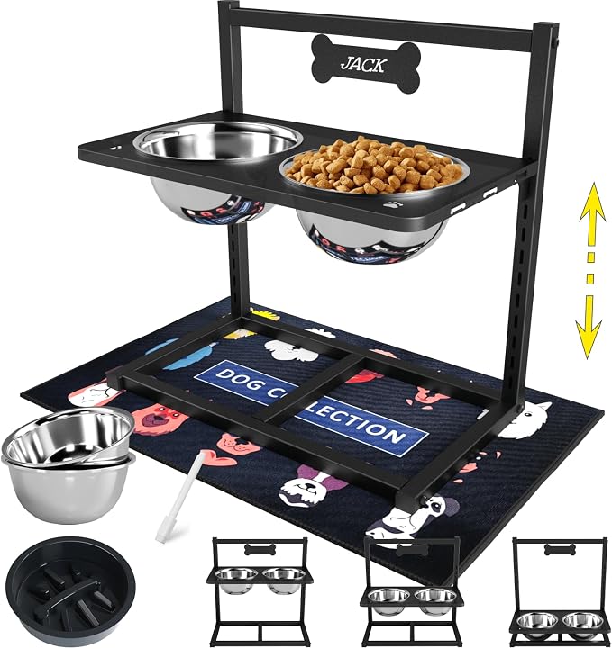 ADENGL 9 Height Adjustable Dog Bowl Stand with Two 1.7L Stainless Steel, Slow Feeder Bowls and Nonslip Pad, Perfect for Medium and Large Dogs