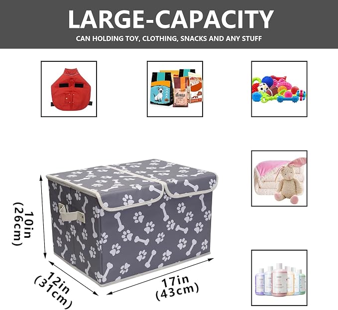 Pet Toy Storage Box with Lid Basket Organizer - Perfect Collapsible Bin for Living room, Playroom, Closet, Home Organization - Bone Paw